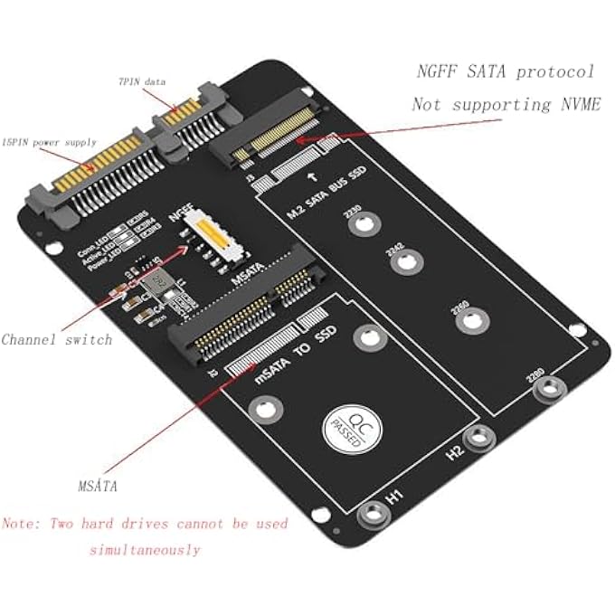 rayihni محول قرص صلب M.2 NGFF MSATA إلى SATA 2 في 1 SSD 2.5 بوصة مع غلاف خارجي بلاستيكي أسود 67x100 مم - Image 3