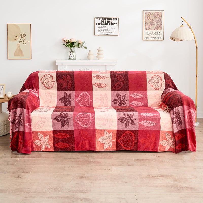Edcooy Bohemian Chenille Jacquard Tassel Throws - Reversible Red&Pink Maple Leaf Design for Boho Hippie Vibes - Oversized Blankets for Large Couch  Furniture  Sofa  Chair - Image 1