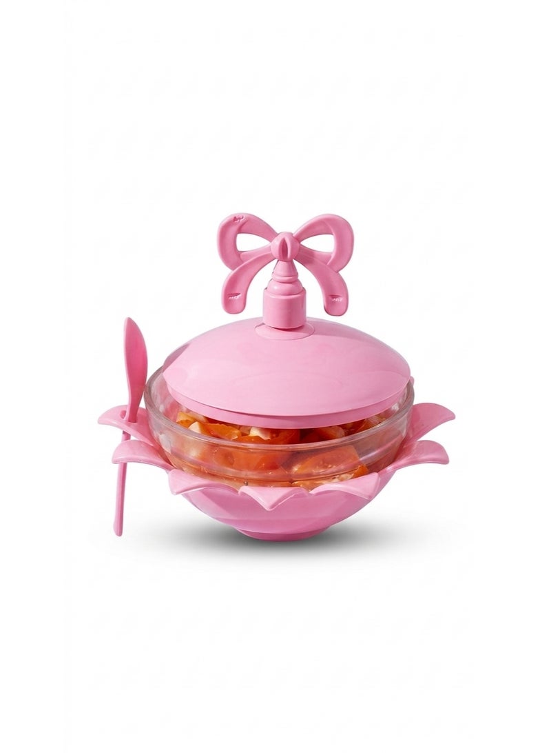 Kitchen's Glass Serving Bowl with Lid, Base, and Spoon - Bow Knot Design - Elegant Snack and Fruit Server - Image 2