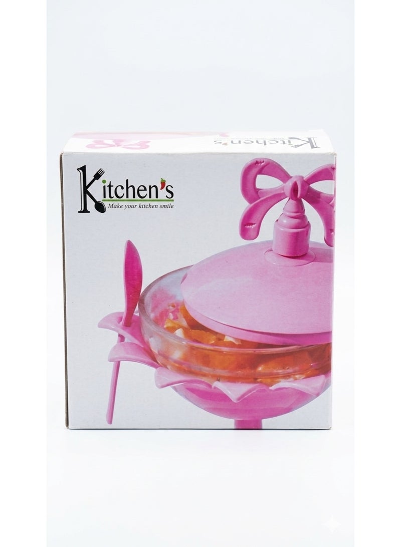 Kitchen's Glass Serving Bowl with Lid, Base, and Spoon - Bow Knot Design - Elegant Snack and Fruit Server - Image 1