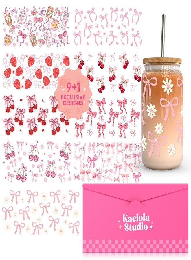 Kaciola UV DTF Cup Wraps for 16 oz-10 Sheets Cherry Bow Theme UV Stickers, 1 Sheet Mysterious Pattern UV DTF Transfer and Cleaning Kit, Rub on Transfers Stickers for 16 oz Libbey Glasses Crafting - Image 1