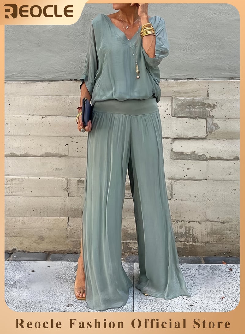 ريوكل أطقم أزياء نسائية من الشيفون مكونة من بلوزة بأكمام قصيرة قطعة واحدة وبنطال قطعة واحدة أزياء كاجوال برقبة على شكل V بلوزة فضفاضة فضفاضة بنطلون أنيق للارتداء اليومي - Image 1