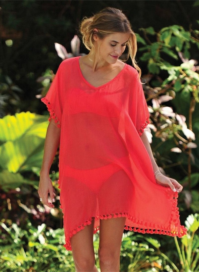 Loquat Summer Beach Bikini Cover Up Loose Shawl Red - Image 1