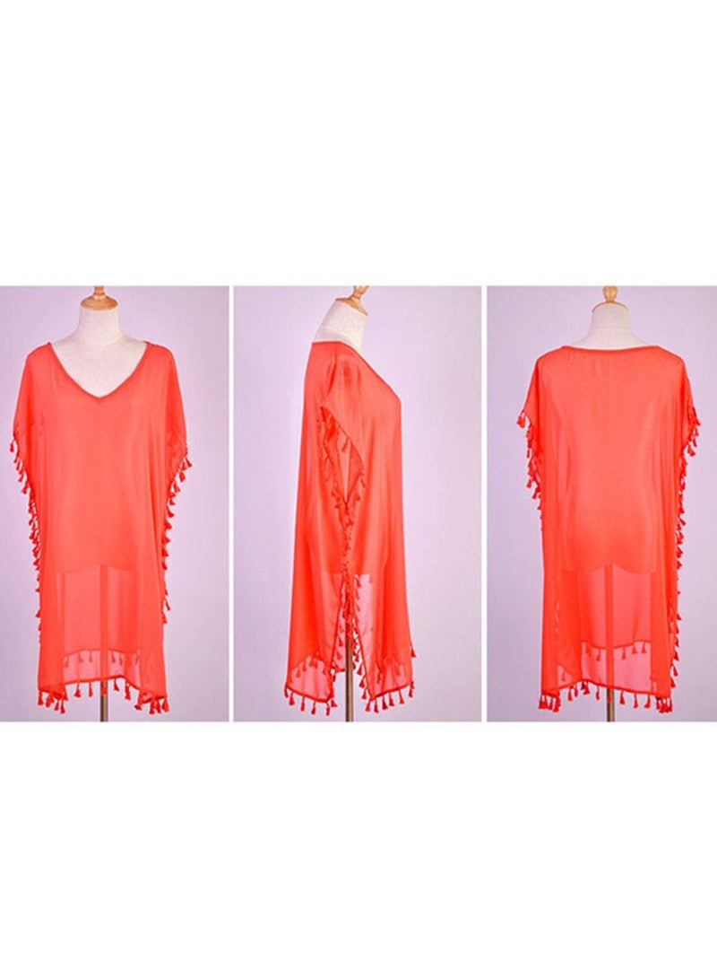 Loquat Summer Beach Bikini Cover Up Loose Shawl Red - Image 2