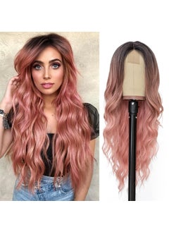 NAYOO NAYOO Long Ombre Pink Wavy Wig for Women 26 Inch Middle Part Curly Wavy Wig Natural Looking Synthetic Heat Resistant Fiber Wig for Daily Party Use (Ombre Pink) 