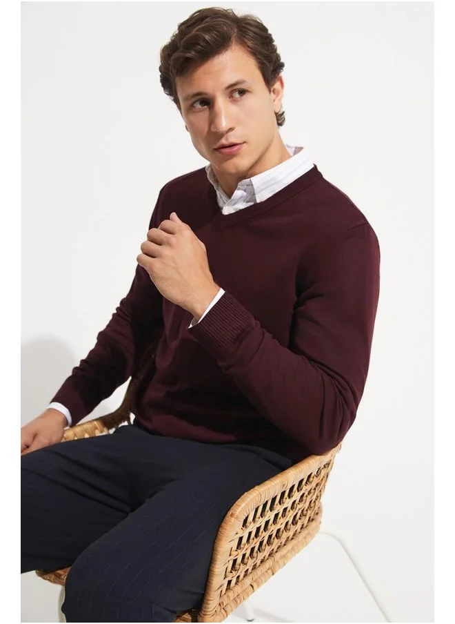JUNE June Men V-Neck Knitwear Sweater Plum