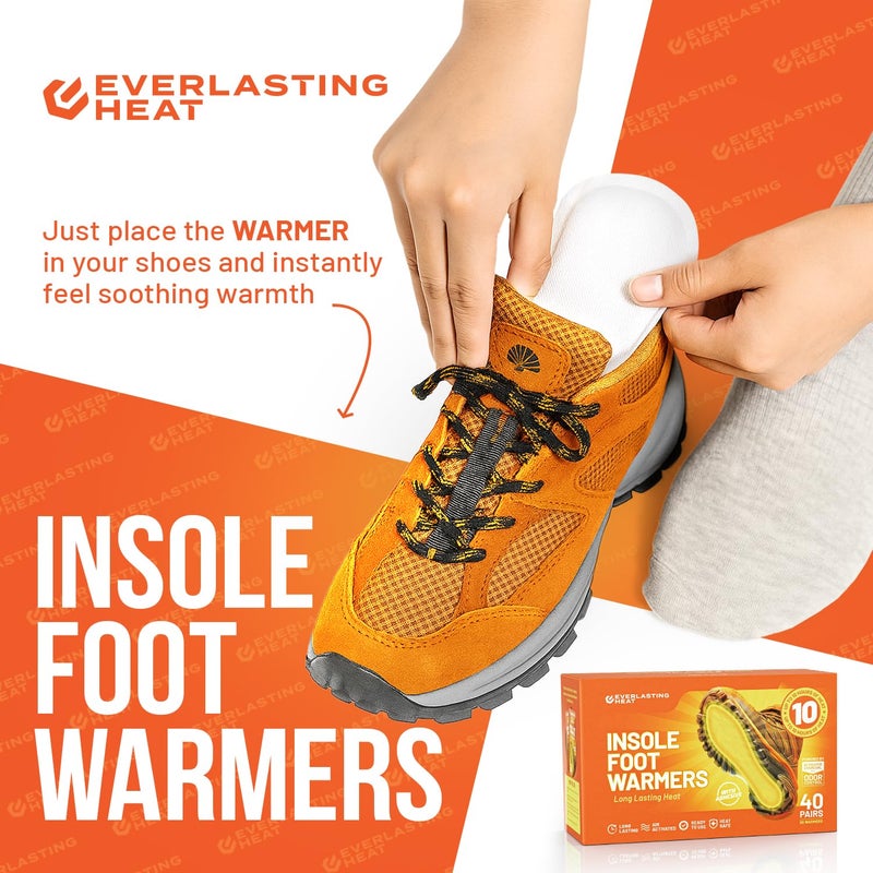 Everlasting Heat سخانات قدم داخل الحذاء - عبوة 40 | سخانات قدم تعمل بالهواء لأكثر من 10 ساعات قابلة للتخلص منها | سخانات قدم لاصقة رقيقة لراحة في الهواء الطلق | سخانات داخل الحذاء معتمدة من TSA - Image 4
