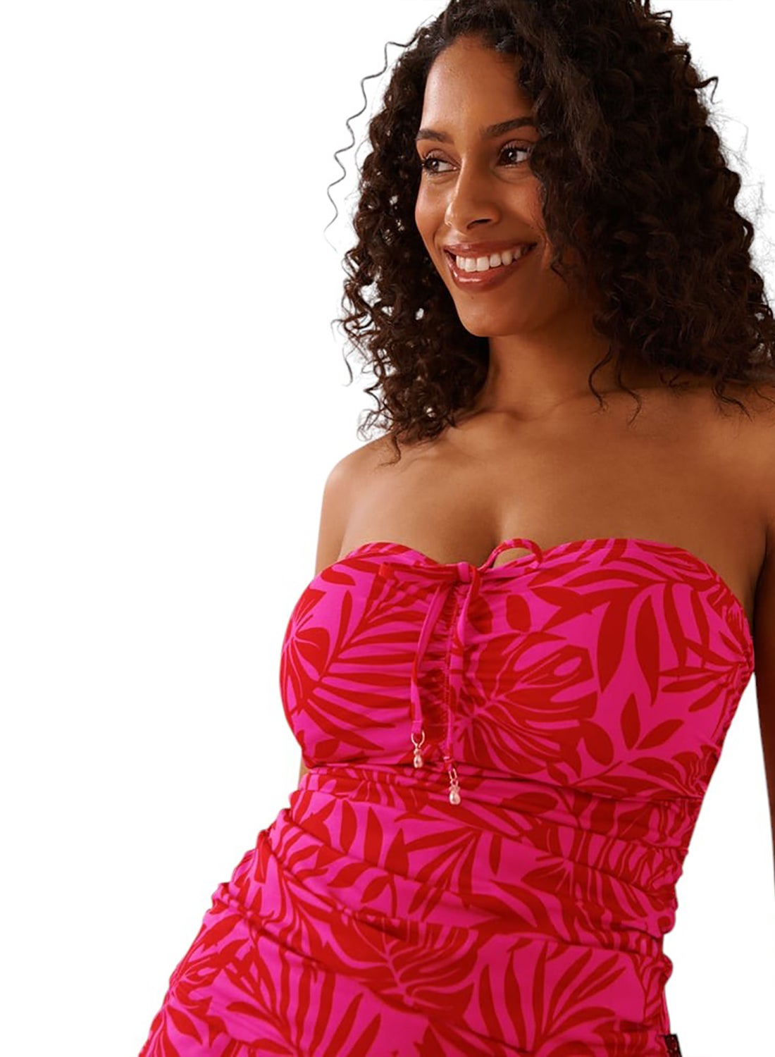 TROPICAL FUCHSIA D Cup Tie Front Bandeau Tankini Top