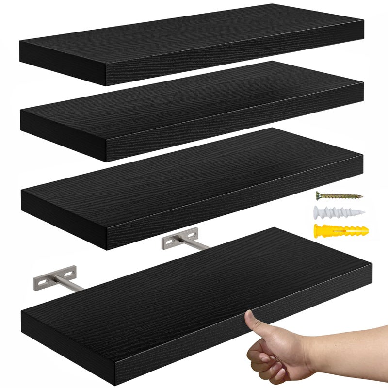 YUFLINX 16’’Black Floating Shelves for Wall Set of 4,Rustic Wood Shelf for Room Decor/Storage/Display,Small Bookshelf,Wall Mounted Hanging Shelves for Bedroom, Bathroom, Living Room, Kitchen - Image 1