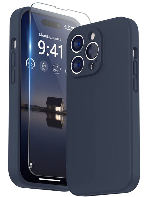 Designed for iPhone 14 Pro Max Case with Screen Protector, (with Camera Protection + Soft Microfiber Lining) Liquid Silicone Phone Case, Midnight Blue