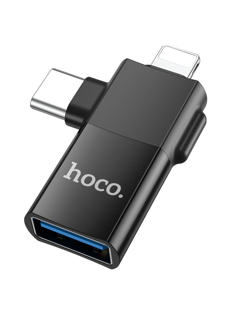 hoco. - hoco UA17 2-in-1 iPhone Male + Type-C Male to USB Female OTG Adapter – Universal for Apple & Android, Data Transfer, File Access, and Charging - Image 1