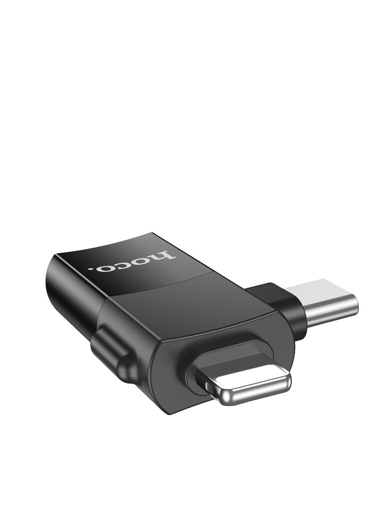 hoco. - hoco UA17 2-in-1 iPhone Male + Type-C Male to USB Female OTG Adapter – Universal for Apple & Android, Data Transfer, File Access, and Charging - Image 1