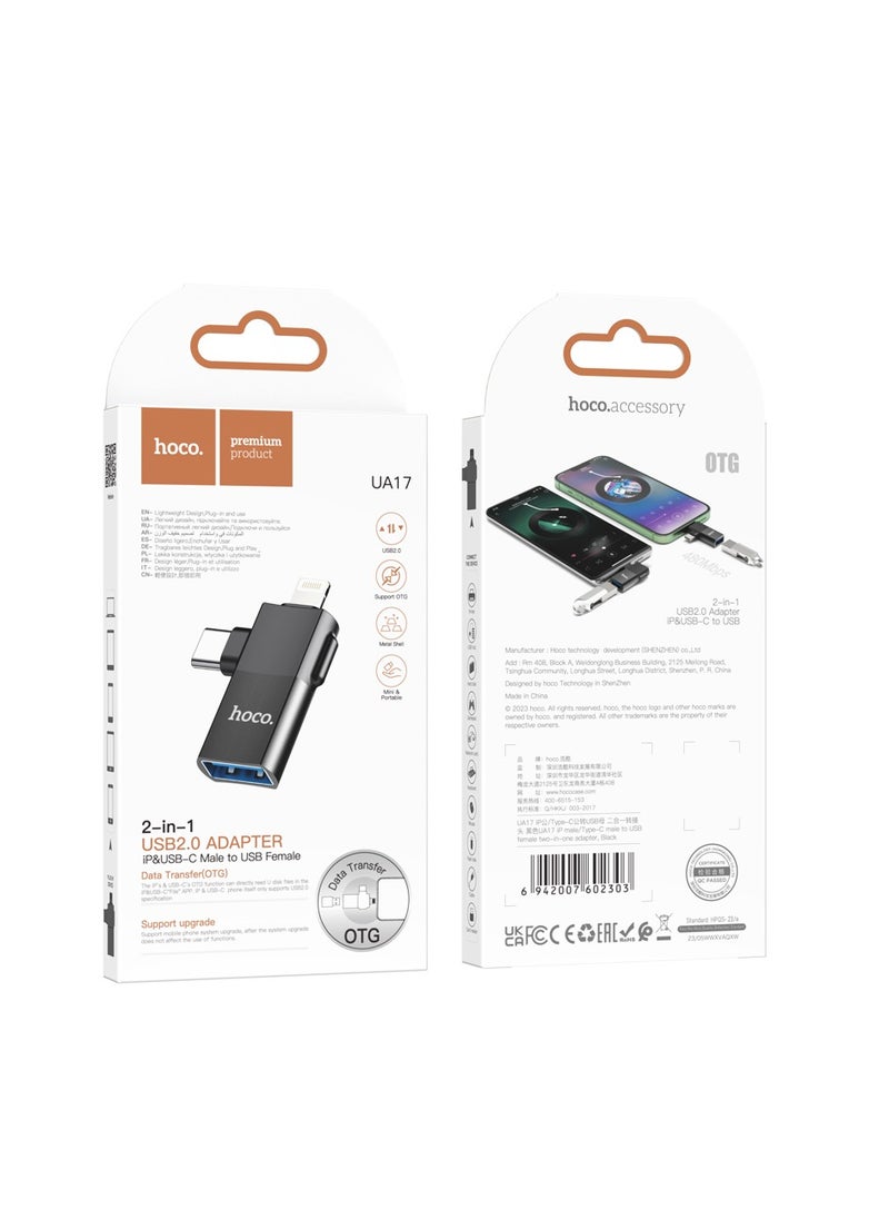 hoco. - hoco UA17 2-in-1 iPhone Male + Type-C Male to USB Female OTG Adapter – Universal for Apple & Android, Data Transfer, File Access, and Charging - Image 1