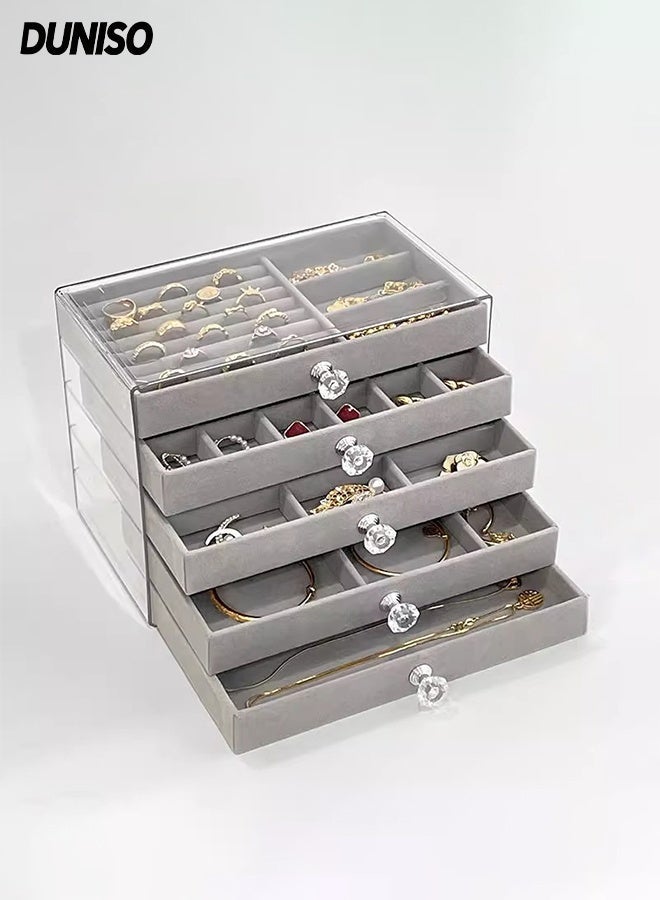 DUNISO 5 Layers Jewelry Box,Jewelry Holder Organizer with Drawer,Portable Jewelry Display Rack,Jewelry Tray Storage Case with Compartments,Durable and Sturdy, Dustproof,Detachable,for Necklaces, Rings, Earrings, Bracelets - Image 1