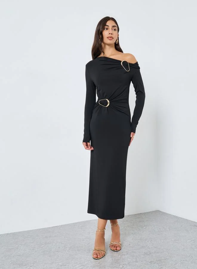 Styli Black Asymmetric Neck Midi Dress with Buckle Accent