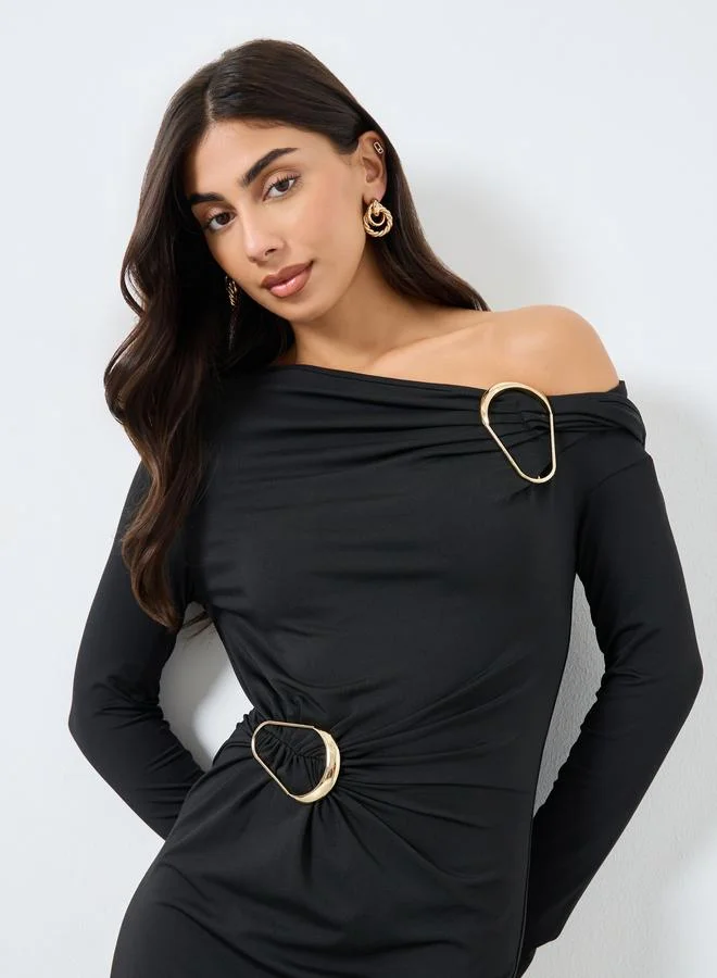 Styli Black Asymmetric Neck Midi Dress with Buckle Accent