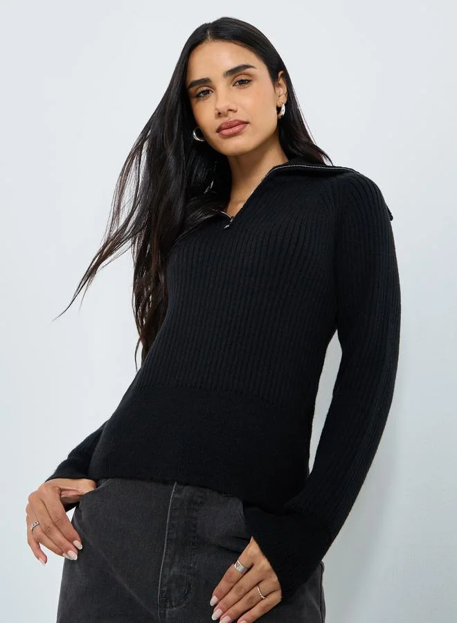 Styli Styli Black Ribbed Knit Top With Half Zip