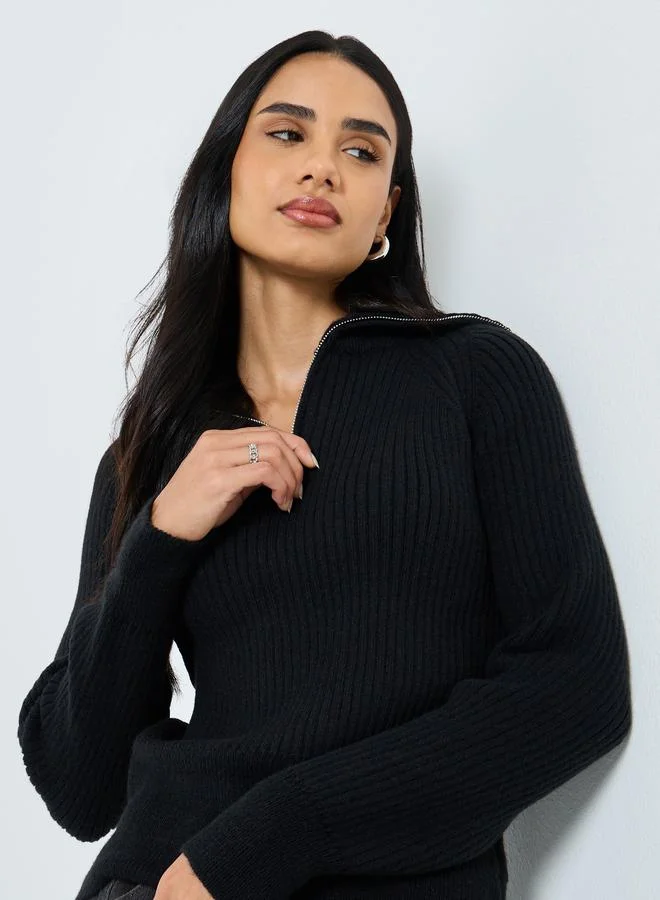 Styli Styli Black Ribbed Knit Top With Half Zip
