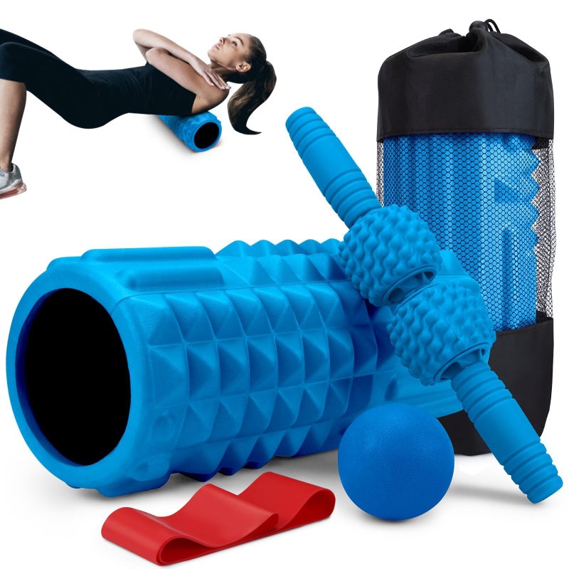 Krightlink Krightlink 5in1 Foam Roller Set Massage Roller Stick Massage Ball Resistance Band for Deep Muscle Massage Trigger Point Release Pilates Yoga Blue