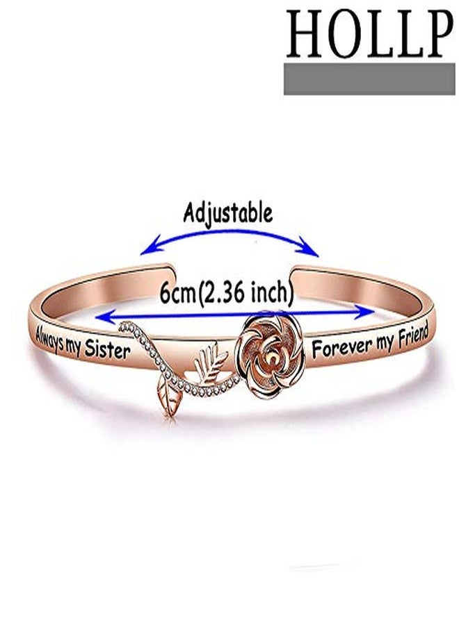 HOLLP Best Friend Bracelet Sister Gift Always My Sister Forever My Friend Cuff Bracelet with Rose Flower Gift for Sisters Friendship Jewelry (Gold) - Image 2