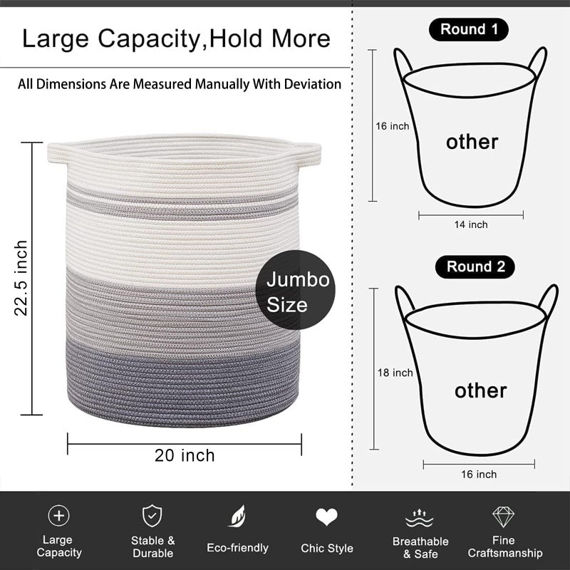 OIAHOMY 115L Laundry Baskets Hamper with Handles, Decorative Basket for Living room, Woven Storage Basket for Toys Bin,Pillows, Blankets, Clothes-20x22.5in-Gradient Grey - Image 4
