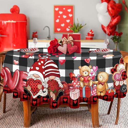 JNDJE Valentines Gnomes Round Tablecloth 60 Inch, Valentines Decorations for Home Table Cloth Round, Valentine Gnomes Decor Black Buffalo Plaid Tablecloths Polyester Vintage for Picnic Party Dinner - Image 1