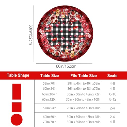 JNDJE Valentines Gnomes Round Tablecloth 60 Inch, Valentines Decorations for Home Table Cloth Round, Valentine Gnomes Decor Black Buffalo Plaid Tablecloths Polyester Vintage for Picnic Party Dinner - Image 2