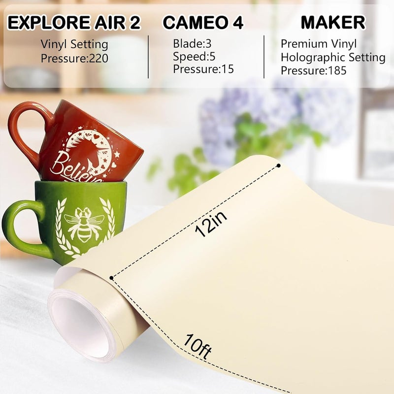 WRAPXPERT فينيل أبيض عاجي دائم 12 بوصة × 10 أقدام، فينيل كريمي لـ Cricut، لفة فينيل لاصق كريمي غير لامع ساتان لـ Cricut وSilhouette - Image 4