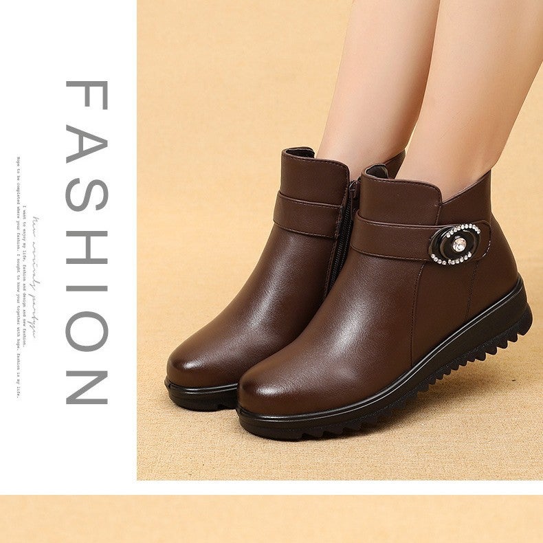 Mom'S Shoes Winter Women'S Flats Non-Slip Middle-Aged And Elderly Fleece-Lined Warm Middle-Aged Short Boots Comfortable Soft Sole Elderly Leather Cotton Shoes - Image 5