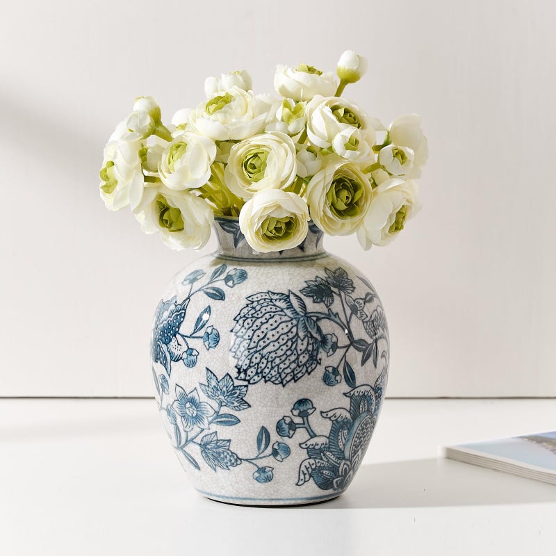 SIDUCAL Ceramic Chinoiserie Floral Vase | 6.3 Inch Blue and White Vintage | Retro Ice Cracked Blue and White Porcelain Vase for Table, Living Room, Bathroom Decoration, Shelf Decor, Mantel - Image 2