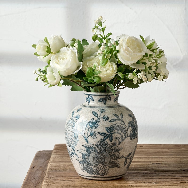 SIDUCAL Ceramic Chinoiserie Floral Vase | 6.3 Inch Blue and White Vintage | Retro Ice Cracked Blue and White Porcelain Vase for Table, Living Room, Bathroom Decoration, Shelf Decor, Mantel - Image 1