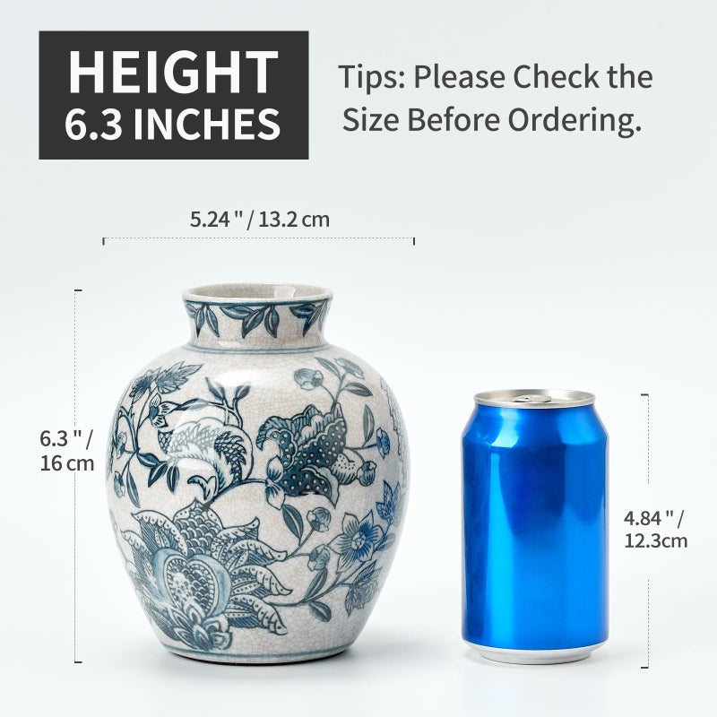 SIDUCAL Ceramic Chinoiserie Floral Vase | 6.3 Inch Blue and White Vintage | Retro Ice Cracked Blue and White Porcelain Vase for Table, Living Room, Bathroom Decoration, Shelf Decor, Mantel - Image 3
