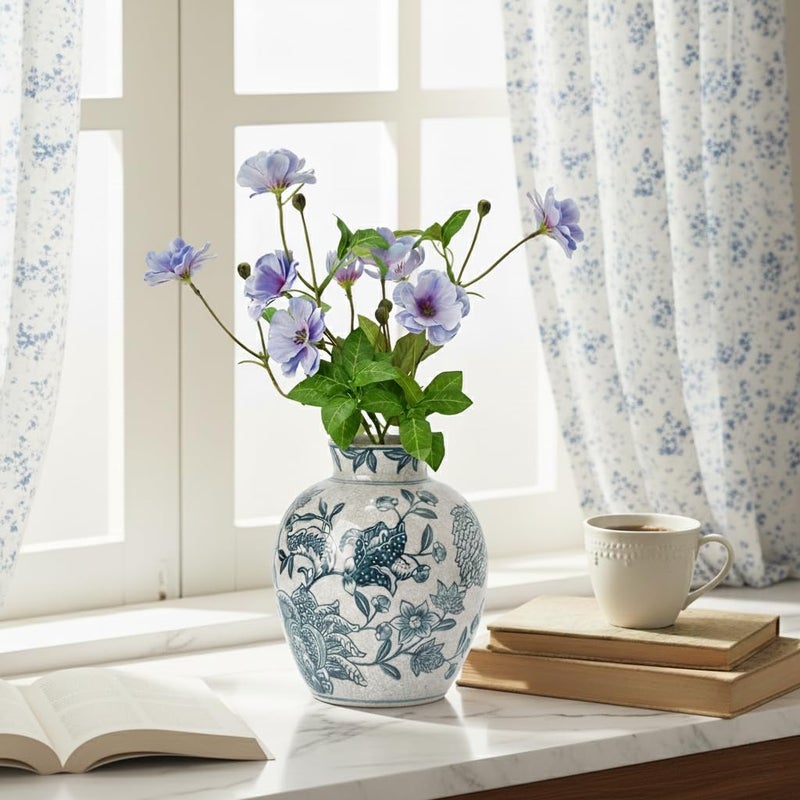 SIDUCAL Ceramic Chinoiserie Floral Vase | 6.3 Inch Blue and White Vintage | Retro Ice Cracked Blue and White Porcelain Vase for Table, Living Room, Bathroom Decoration, Shelf Decor, Mantel - Image 4