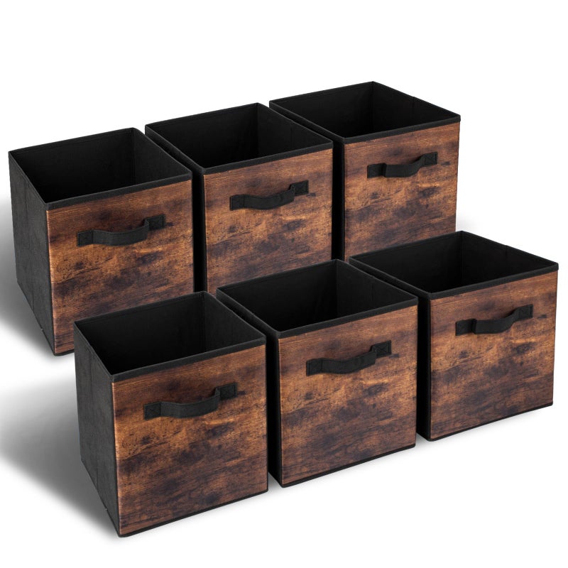 EWES 13 Inch Fabric Storage Cubes, 6 Pack Foldable Storage Bins with Handle, Storage Baskets Box for Shelves, Closet, Organizer, Brown Black - Image 1