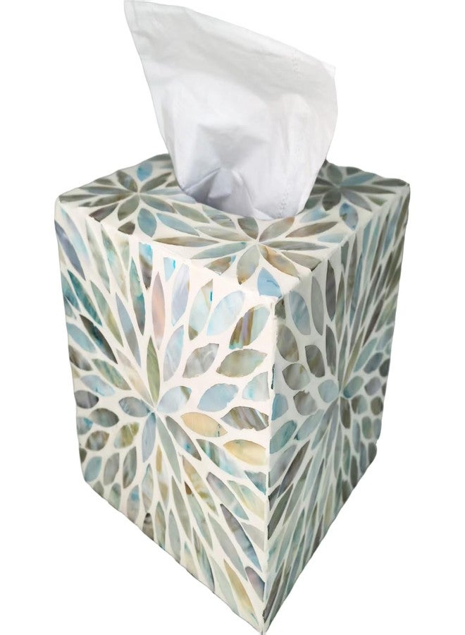 i-lan Mother of Pearl Cube Tissue Cover Box,Sea Pearl Shell Blue Flower Decorative Square Tissue Holder,5.9” Capiz Mop Napkin Box with Bottom Slider - Image 1