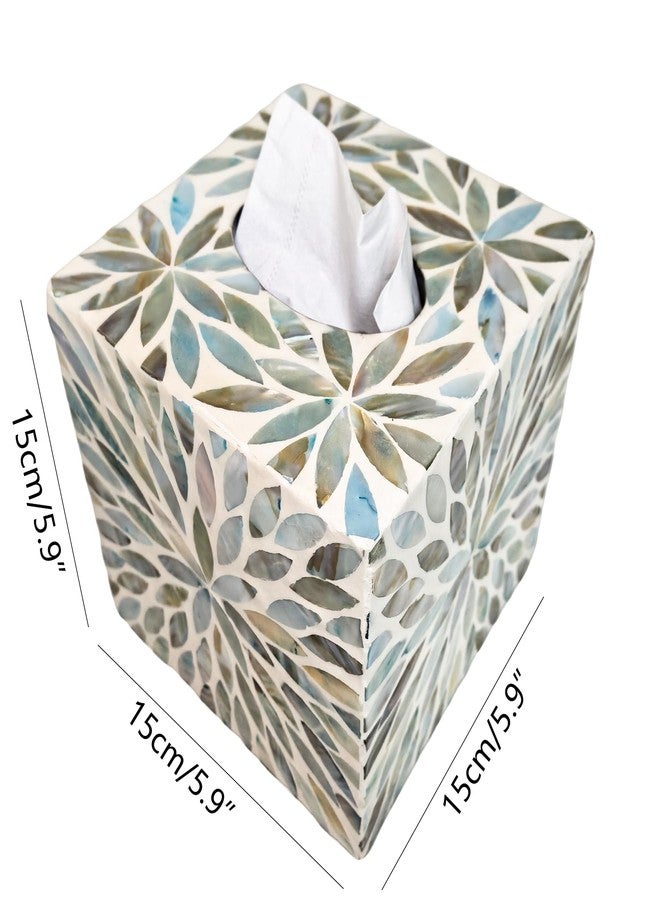 i-lan Mother of Pearl Cube Tissue Cover Box,Sea Pearl Shell Blue Flower Decorative Square Tissue Holder,5.9” Capiz Mop Napkin Box with Bottom Slider - Image 3