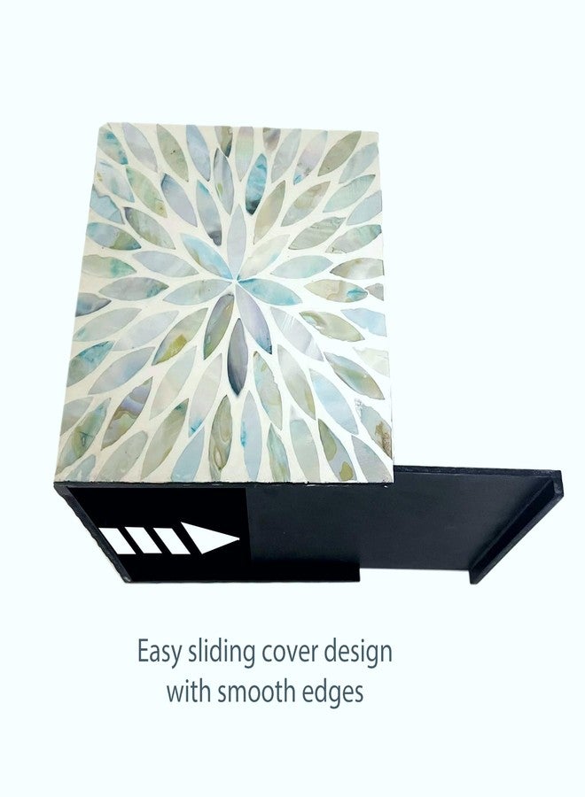 i-lan Mother of Pearl Cube Tissue Cover Box,Sea Pearl Shell Blue Flower Decorative Square Tissue Holder,5.9” Capiz Mop Napkin Box with Bottom Slider - Image 4