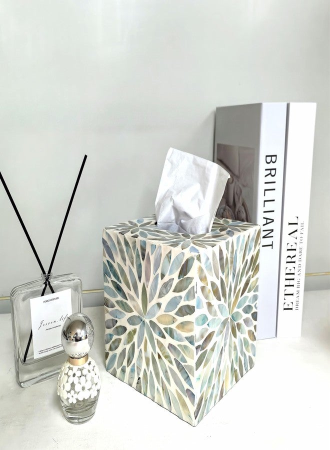 i-lan Mother of Pearl Cube Tissue Cover Box,Sea Pearl Shell Blue Flower Decorative Square Tissue Holder,5.9” Capiz Mop Napkin Box with Bottom Slider - Image 2