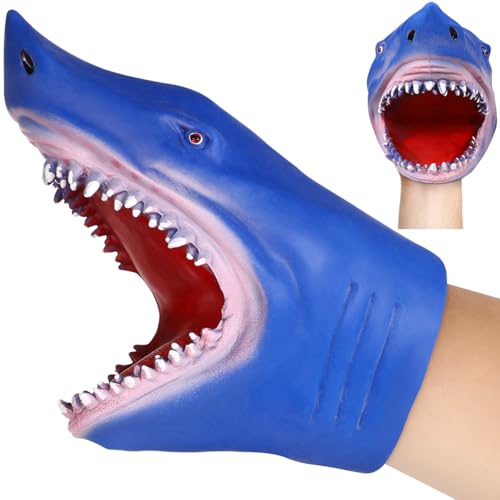NUOBESTY Animal Hand Puppet Blue Shark Hand Puppet Soft Rubber Role Play Shark Bath Toys for Children Adults Teaching Gloves - Image 1