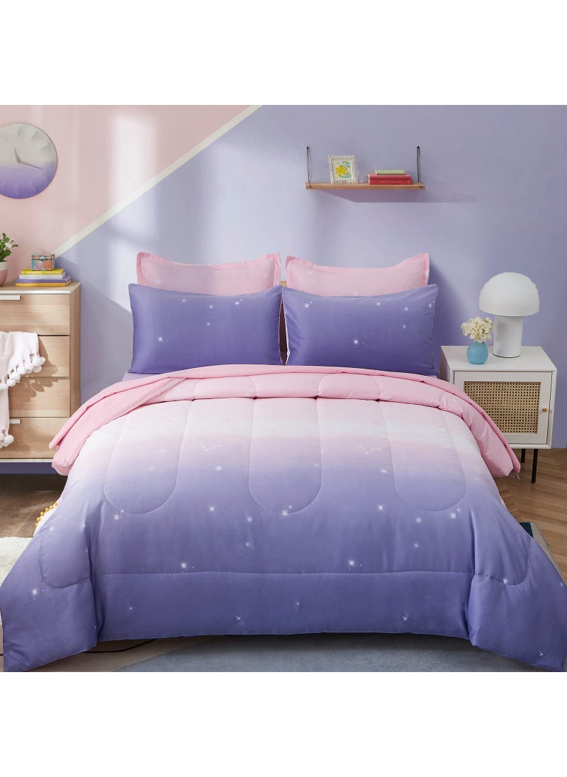 Dinjoy Girls Comforter Set Full Size Colorful Ombre Pink Purple Rainbow Bedding Set Bed in A Bag for Kid Teen Girls 7 Pieces (1 Comforter  1 Flat Sheet  1 Fitted Sheet  2 Pillow Shams  2 Pillowcases)  - Image 1