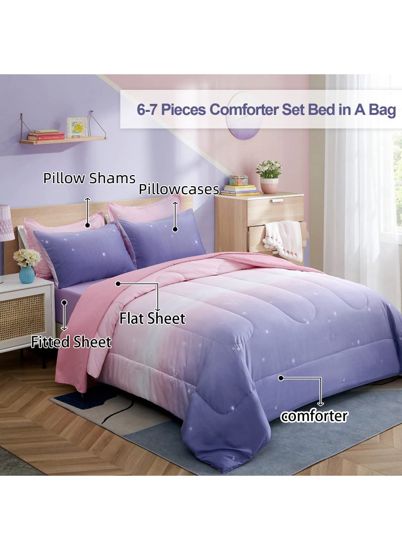 Dinjoy Girls Comforter Set Full Size Colorful Ombre Pink Purple Rainbow Bedding Set Bed in A Bag for Kid Teen Girls 7 Pieces (1 Comforter  1 Flat Sheet  1 Fitted Sheet  2 Pillow Shams  2 Pillowcases)  - Image 2