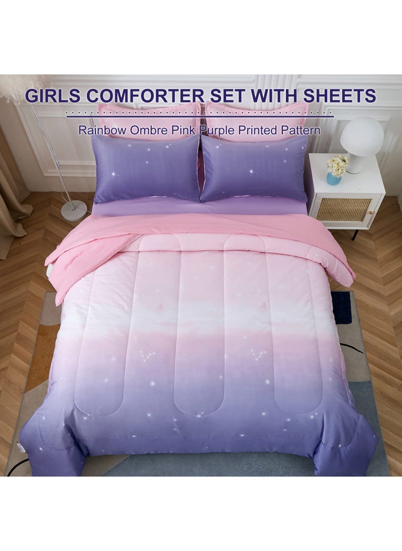 Dinjoy Girls Comforter Set Full Size Colorful Ombre Pink Purple Rainbow Bedding Set Bed in A Bag for Kid Teen Girls 7 Pieces (1 Comforter  1 Flat Sheet  1 Fitted Sheet  2 Pillow Shams  2 Pillowcases)  - Image 3
