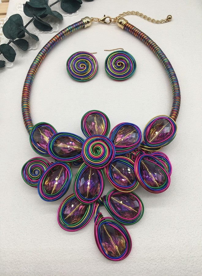 JHWZAIY Statement Chunky Flower African Necklace For Women Tribal Fashion Costume Jewelry Earring Sets Unique Big Colorful Rhinestone Crystal Pendent Collar Choker Bib Handmade (flowers colorful) - Image 4