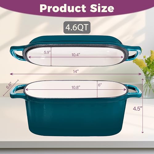 Vanderlume 4.6-Quart Oval Dutch Oven for Bread Baking, 2 in 1 Enameled Cast Iron Bread Pan with Lid, Sourdough Bread Dutch Oven for a Crispy Crust, Teal - Image 3