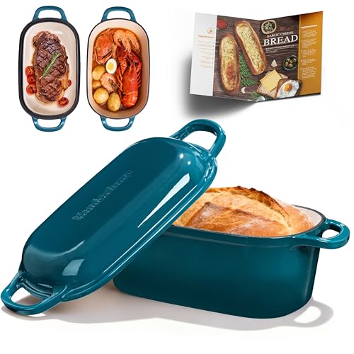 Vanderlume 4.6-Quart Oval Dutch Oven for Bread Baking, 2 in 1 Enameled Cast Iron Bread Pan with Lid, Sourdough Bread Dutch Oven for a Crispy Crust, Teal - Image 1