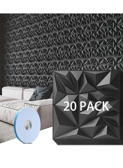 عبوة من 20 لوحة حائط ثلاثية الأبعاد للديكور الداخلي، لوحة حائط عصرية مزخرفة بنقشة ماسية لخلفية جدار التلفزيون في غرفة المعيشة للألعاب، 12 × 12 بوصة باللون الأسود