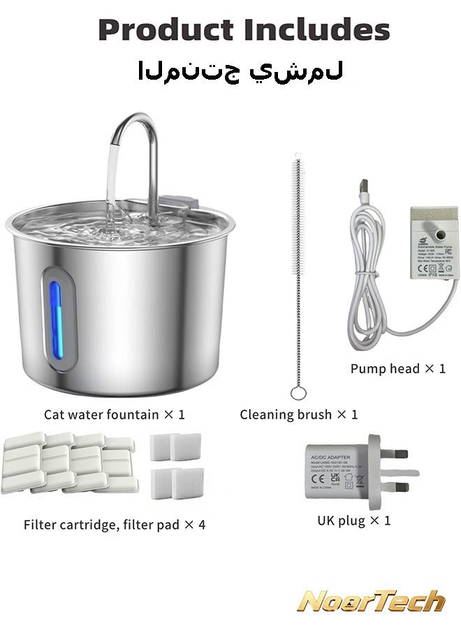 NoorTech Silent circulating pet water fountain 2.2 liters with 4 filters LED light and water level indicator - Image 2