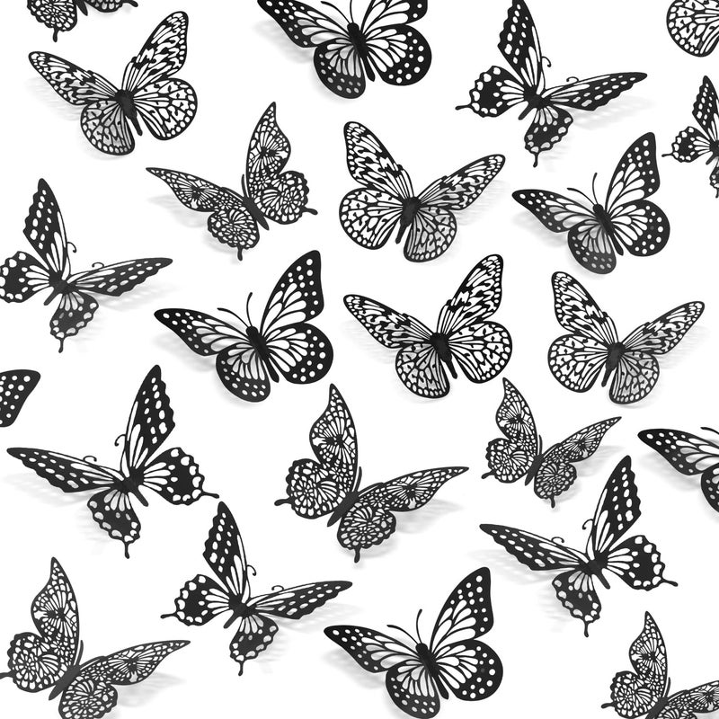 SAOROPEB 3D Butterfly Wall Decor - 48 Pcs, 4 Styles, 3 Sizes - Gold Butterfly Decorations for Birthday and Party Cake Decorations - Removable Stickers (Black) - Image 1