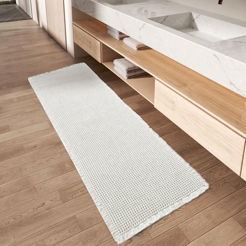 AMOAMI Waffle Runner Rug Super Absorbent Non Slip Bath Mats for Bathroom Floor, Machine Washable Boho Bathroom Runner Rug with Tassels, Ideal for Hallway Bedroom Laundry Room, 2' x 5' - Image 1
