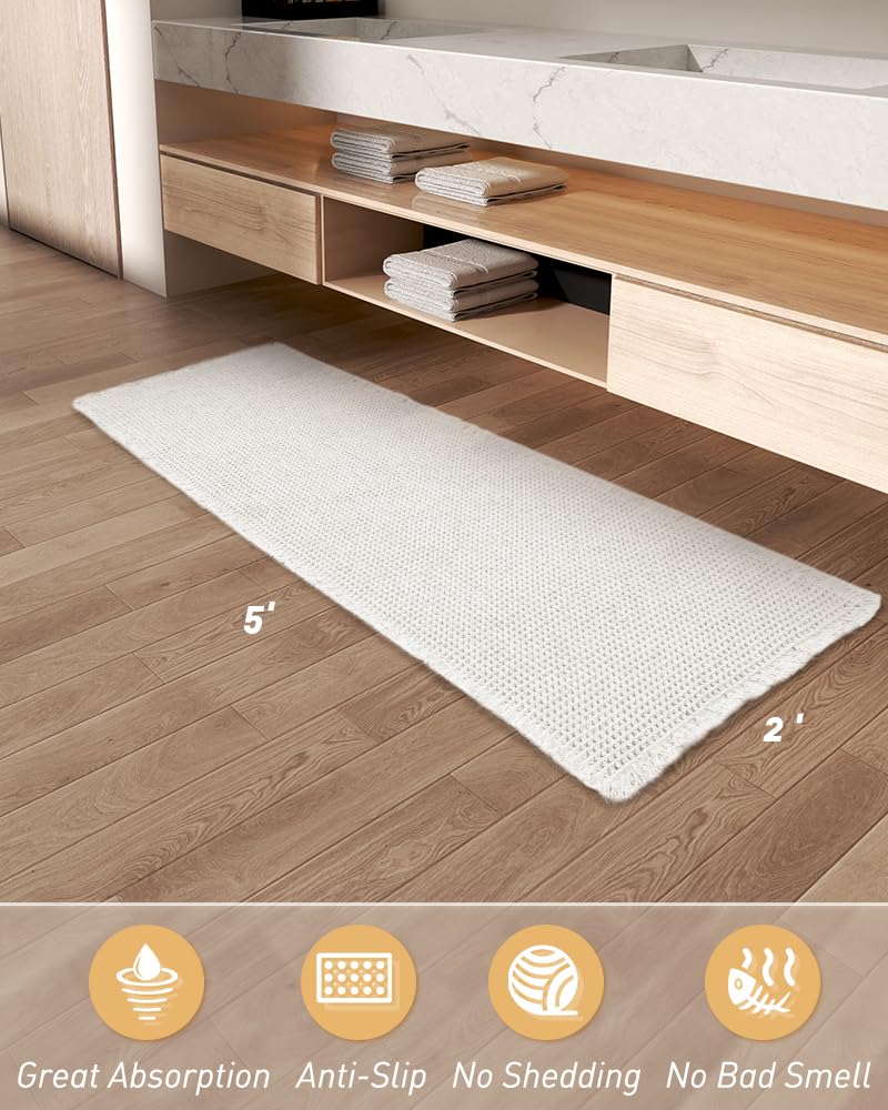 AMOAMI Waffle Runner Rug Super Absorbent Non Slip Bath Mats for Bathroom Floor, Machine Washable Boho Bathroom Runner Rug with Tassels, Ideal for Hallway Bedroom Laundry Room, 2' x 5' - Image 2